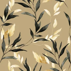 Gordijnen Bladeren Botanical seamless pattern featuring watercolor-style leafy branches in shades of dark gray and creamy beige on a brown background  © momosama