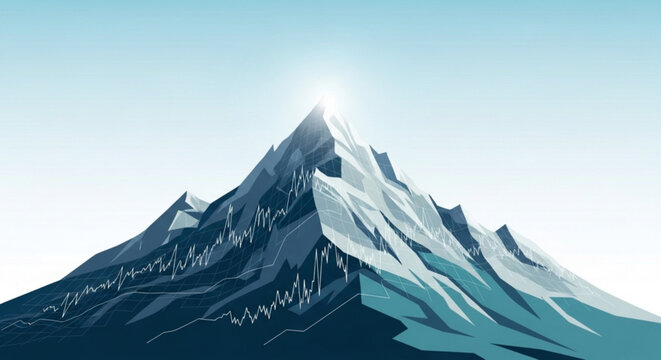 Majestic mountain peak with a radiant glow, its snowcapped summit piercing the clear blue sky, a symbol of adventure and the allure of the great outdoors