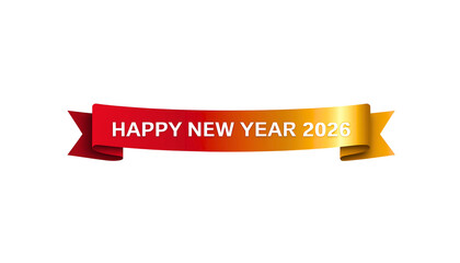 Elegant red and gold ribbon banner with Happy New Year 2026 message. Festive graphic illustration for holiday greetings and celebrations on a white background