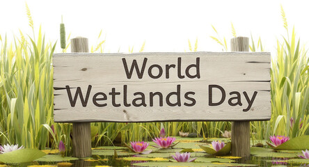A rustic wooden sign displaying world wetlands day amidst a serene wetland scene with reeds, water lilies, isolated on white background, promoting conservation and environmental awareness