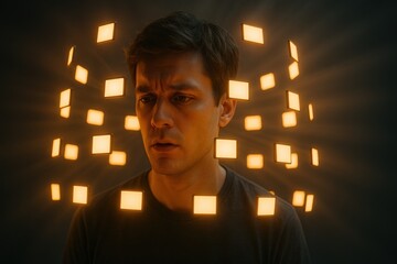 Man surrounded by glowing squares