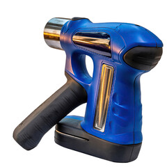 Blue and silver handheld heat gun with black handle isolated on transparent background with soft studio lighting reflecting on its metallic surface