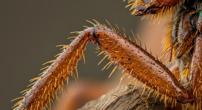 Extreme close up reveals the spiky, segmented leg structure of an insect specimen