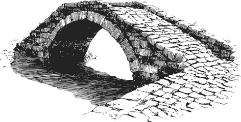 Fototapeta premium Stone arch bridge sketch, hand drawn style with cobblestone path and river — stock vector