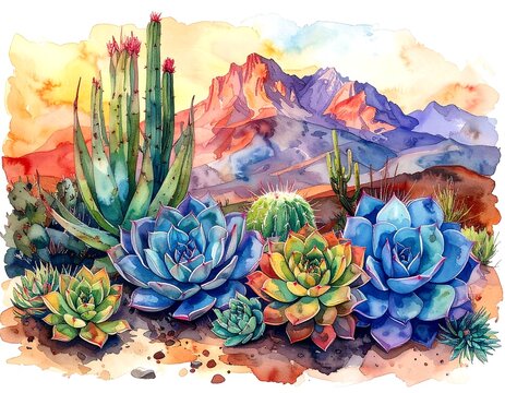 Colorful watercolor painting depicts desert succulents and cacti with mountains under a sunset sky - Powered by Adobe