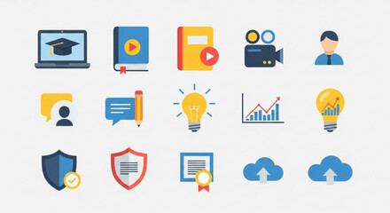 Flat design education icons set collection of colorful symbols representing learning, knowledge, and academic pursuits