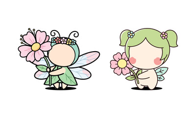 Two Cartoon Fairies with Flowers – Cute and Imaginative Fantasy Vector Illustration for Kids and Decoration