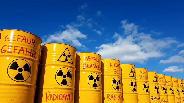 A row of yellow barrels marked with radioactive symbols under a blue sky shows the storage of radioactive waste, highlighting nuclear danger and environmental risk.