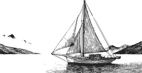 Sailboat sketch hand drawn style with mountains and calm water scenery &mdash; stock vector