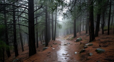 A mysterious forest scene with tall trees, dense mist, and a narrow path leading into the distance.