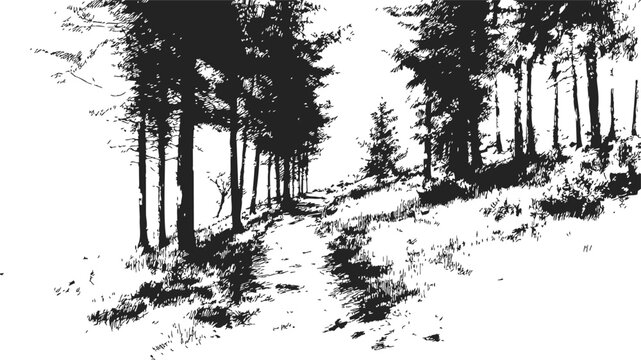 Forest path sketch, hand drawn line art with trees and winding trail &mdash; stock vector