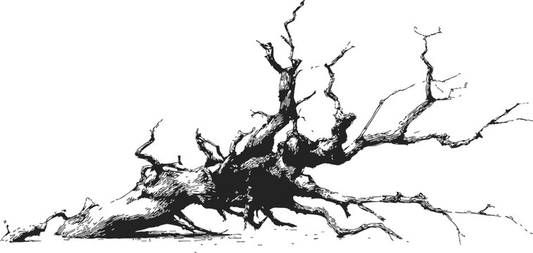 Fallen tree sketch, hand drawn style with bare twisted branches &mdash; stock vector