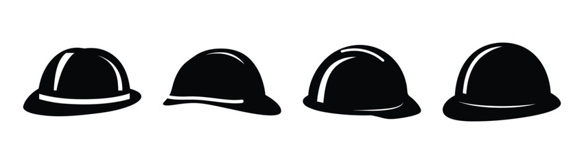 Fototapeta premium Set of four black hard hats displayed from different angles on a