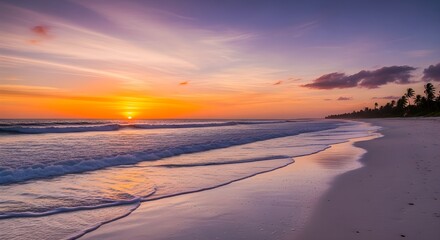 A tranquil beach scene with smooth reflections on wet sand during a vivid, colorful sunset.