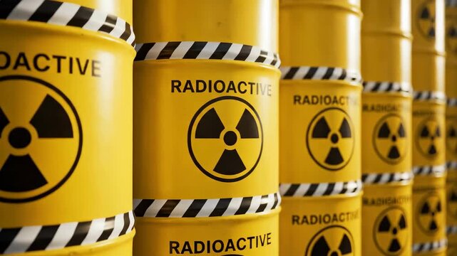 Row of stacked yellow barrels labeled radioactive waste with hazard symbol and black and white stripes, for chemical hazard awareness and safe storage solutions.