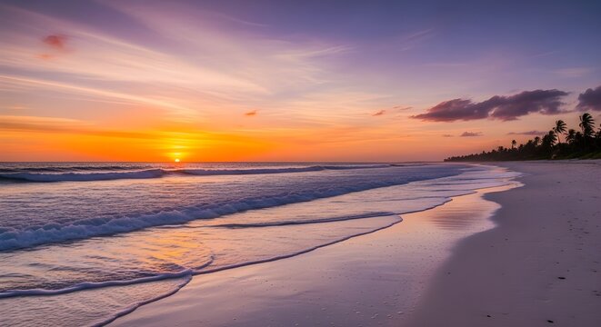 A tranquil beach scene with smooth reflections on wet sand during a vivid, colorful sunset. - Powered by Adobe