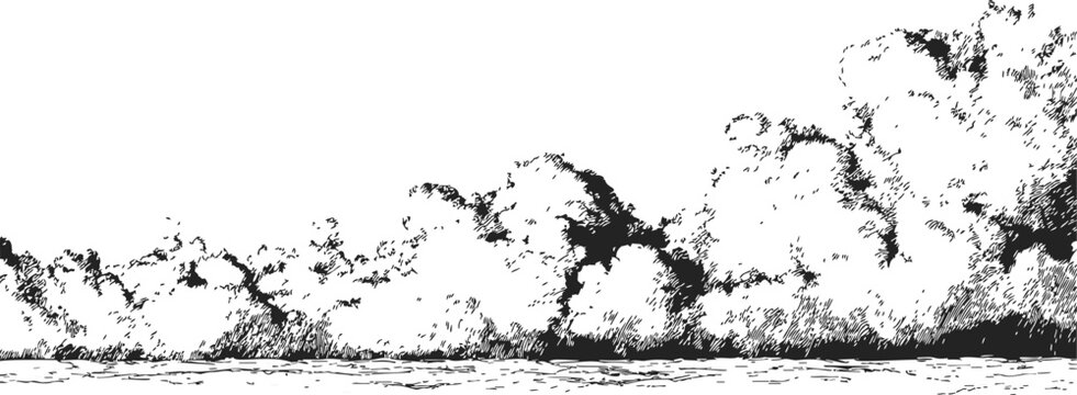 Clouds sketch hand drawn landscape with cumulus clouds and horizon &mdash; stock vector