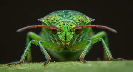 Naklejka premium Extreme close up reveals intricate details of a bright green shield bug resting on foliage
