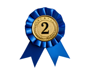 Gold medal with blue ribbon, showing number two