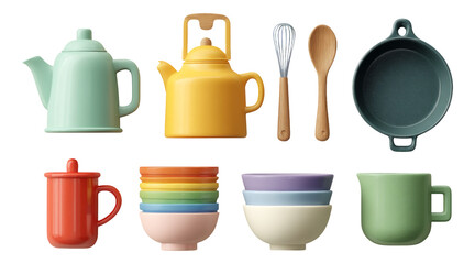 Colorful Kitchenware Collection with Teapots, Bowls, and Utensils Isolated on Background