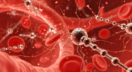 Advance nanorobots and red blood cells moving inside a blood vessel.