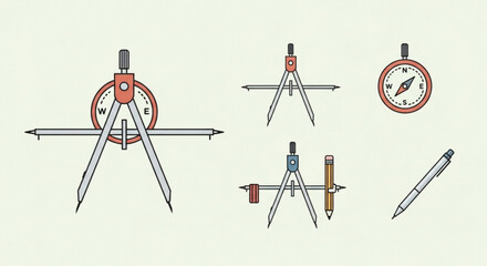 Illustration of drafting tools including a compass, pen, and protractor for drawing and measuring