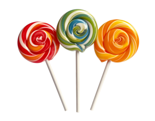 Three colorful swirled lollipops on white sticks against black