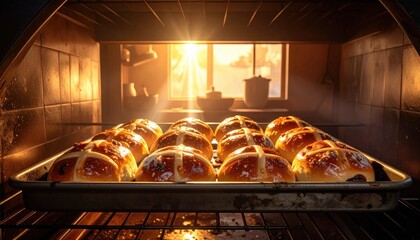 Warm, golden hot cross buns in an oven, sunlight streams in