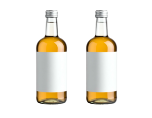 Two amber liquid bottles with white labels, silver caps
