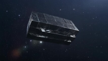 A dark, rectangular satellite or spacecraft orbiting in deep space with stars visible. - Powered by Adobe
