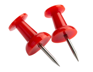 Two bright red pushpins with sharp metal points, isolated