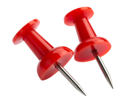Two bright red pushpins with sharp metal points, isolated