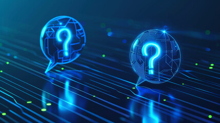 Professional IT Q&A Slide Background with Two 3D Speech Bubbles, Question Marks, Digital Grid, and Metallic Blue Accents