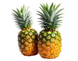 Two ripe pineapples with spiky green tops and golden bodies
