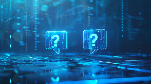 Professional IT Q&A Slide Background with Two 3D Speech Bubbles, Question Marks, Digital Grid, and Metallic Blue Accents