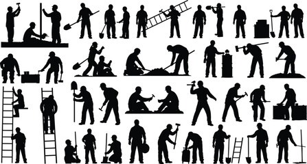 Construction worker silhouettes performing various tasks with tools, ladders, shovels, hammers, equipment and manual labor activities for industrial projects