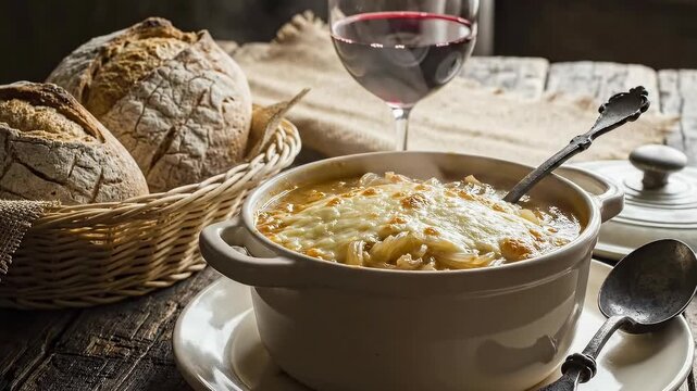 Cozy Rustic Soup Served With Bread And Wine.