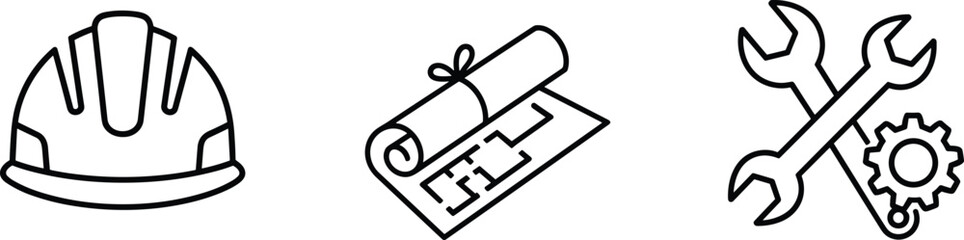 Engineering line icons with hard hat, blueprint and wrench tools, construction planning illustration set, technical design symbols, industry equipment graphics