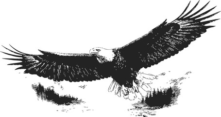 Eagle sketch hand drawn soaring with wings spread in flight over landscape &mdash; stock vector