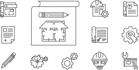 Engineering blueprint icons with construction tools, architecture drawings, gear symbols, planning documents, technical pencil, and hard hat design elements