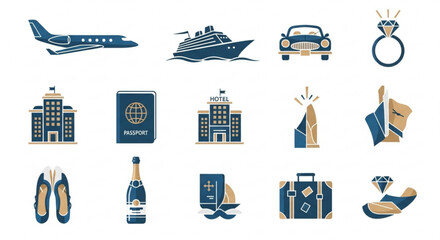 Collection of luxury travel and lifestyle icons, representing highend vacations, exclusive experiences, and premium services for discerning travelers