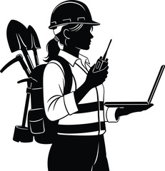 Female construction worker silhouette using laptop and walkie-talkie with tools backpack, safety helmet, vest, professional engineering illustration