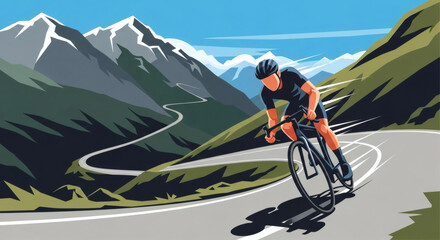 Cycling Cyclist Mountains Road Illustration Flat Vector Sports Poster Landscape Background Design Athletic Adventure