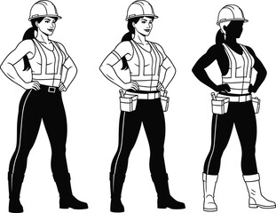 Female construction worker wearing safety helmet and vest standing confidently with tools, builder engineer cartoon character silhouette illustration