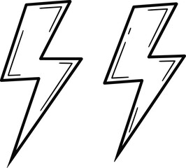 Hand-drawn lightning bolt icons in sketch style, electric energy symbol vector set, thunder power graphic design elements