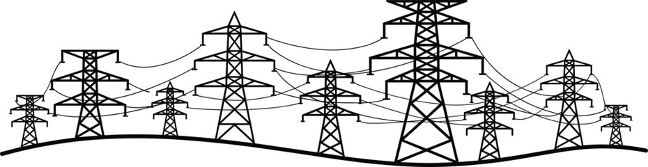 High voltage power transmission towers and electricity pylons landscape silhouette with connected cables, energy infrastructure, industrial utility grid illustration