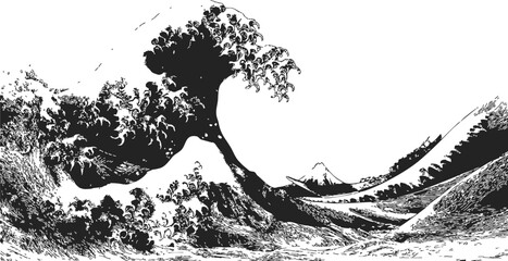 Fototapeta premium Great Wave hand drawn sketch with boats and Mount Fuji in background — stock vector