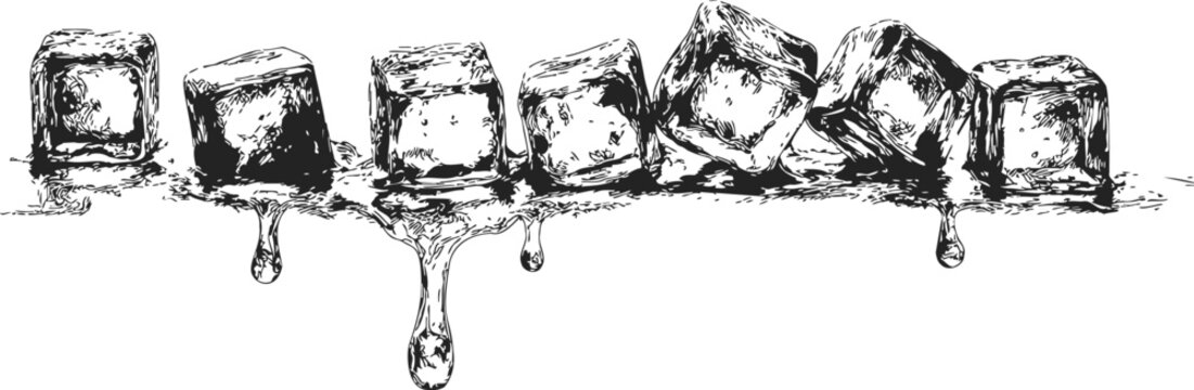 Ice cubes sketch hand drawn melting with dripping water line art &mdash; stock vector