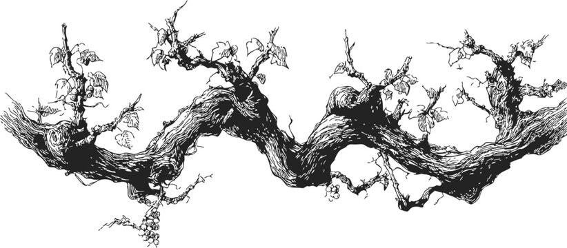 Gnarled tree branch sketch, hand drawn with twisted wood and sparse leaves — stock vector