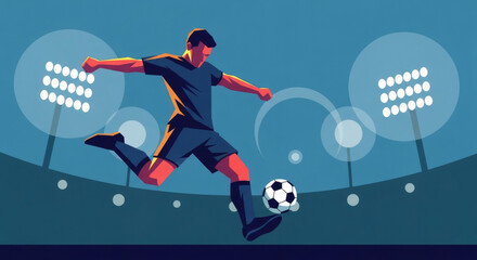Soccer Football Player Kicking Stadium Illustration Flat Vector Sports Poster Blue Background Design Athletic